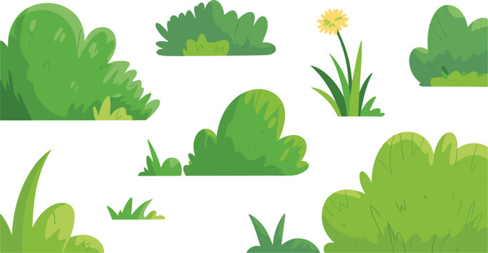 Green bush and grass vector icon set, fresh garden shrubbery and outdoor nature landscape element illustrations