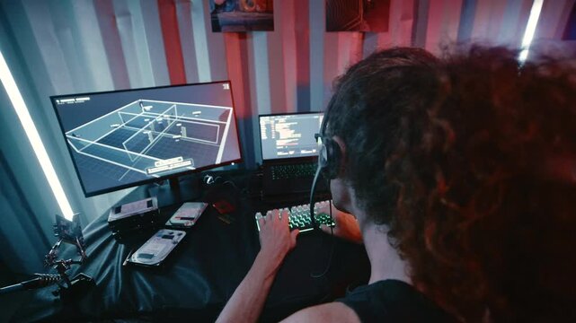 Hacker bypassing a security pin code while examining a circuit board in a high-tech hideout