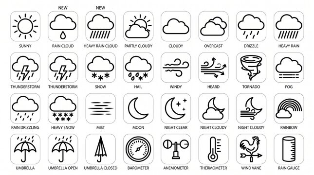 Twenty-four outlined weather icons showing clouds, rain, lightning, wind, tornado, sun, moon, rainbow, umbrella, and meteorological instruments in black and white.