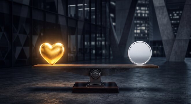 Golden heart on one side of a balance scale and silver coin on other side, symbolizing value of love versus money, life choices, and priorities