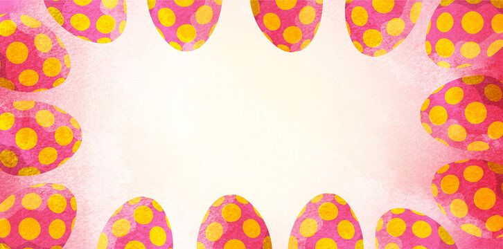 red easter eggs pattern frame on pink watercolor background