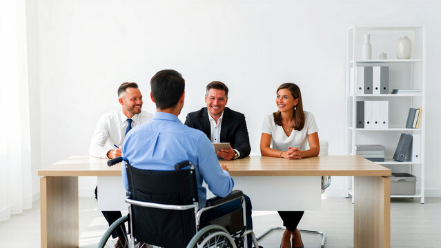 Man in wheelchair facing recruiters during job interview. Diverse HR team smiling at disabled candidate. Disability inclusion and equal opportunity concept for corporate recruitment marketing.