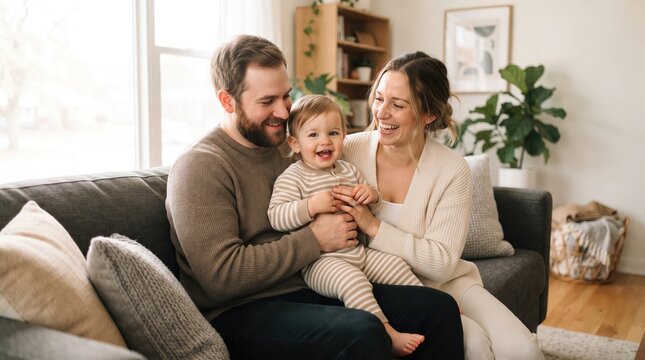 Happy young parents sitting on a comfortable sofa with their laughing toddler son in a bright living room