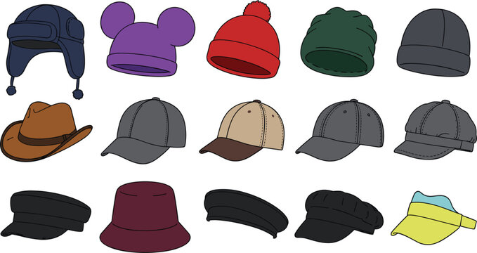 Set of men and women hat vector icons, casual baseball caps, winter beanies and cowboy headwear fashion elements