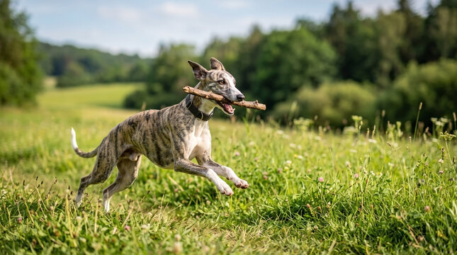 Brindle Whippet dog joyfully running with a stick in a green field, an athletic sighthound showcasing pet energy and agile motion for outdoor dog activity blogs and happy pet websites.