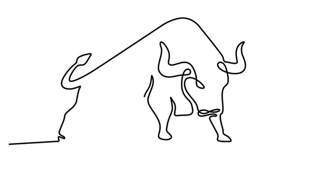 Animated self drawing of Continuous single line drawing of a bull silhouette isolated on a white background. Full length one line animation. 4K video