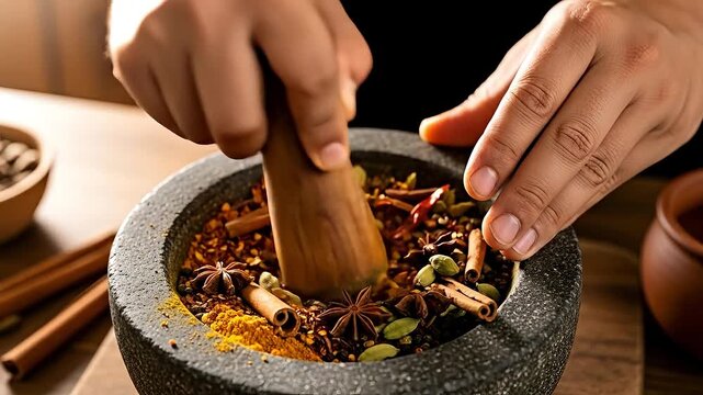 Hands grinding aromatic spices like cinnamon and star anise in a traditional stone mortar.