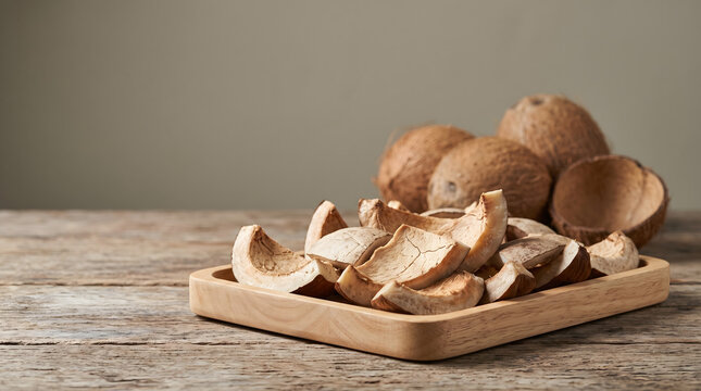Dried coconut pieces copra in wooden tray on rustic table with copy space