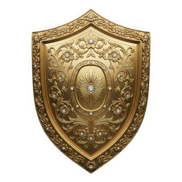 Ornate golden royal shield with intricate metal carvings