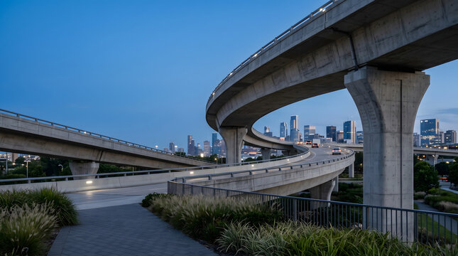 Elevated highway overpass and modern city skyline architecture at dusk