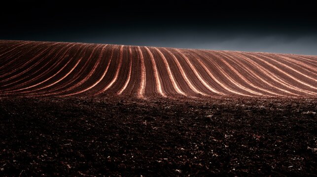 Close-up view of dark soil texture with neat parallel furrows on plowed farmland under dramatic sky with soft lighting and muted color palette