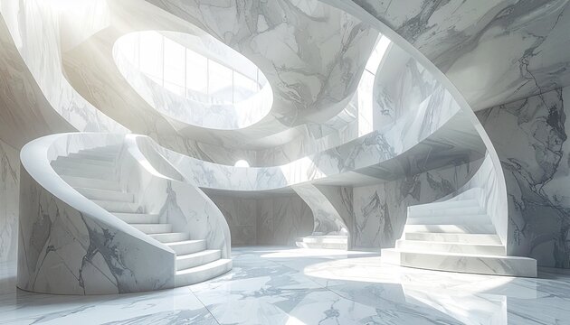 Futuristic White Marble Interior with Curved Architecture.