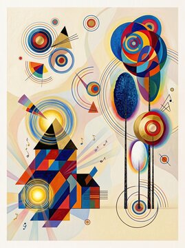 An abstract composition features a colorful geometric house emitting warm light, alongside stylized trees, floating concentric circles, triangles, and musical notes on a cream background.