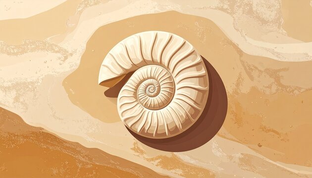 Fossilized ammonite shell on sandy stone background.