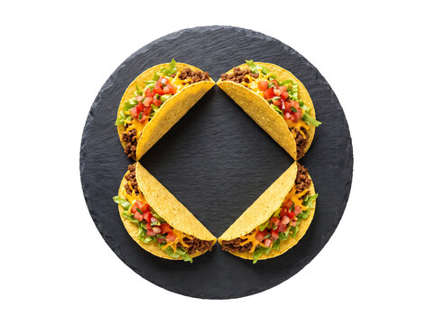 Four crisp corn tacos arranged in a square pattern on a black slate plate isolated element on transparent background.