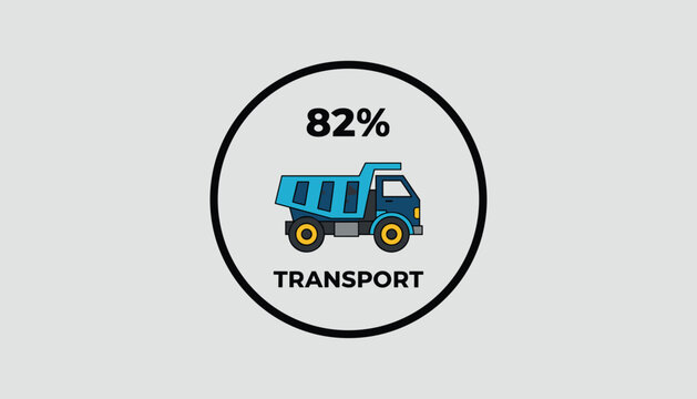 Infographic circular chart displaying eighty-two percent transport data with a blue dump truck vector on grey.