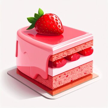 Fresh Strawberry Layer Cake with Glossy Glaze on White Plate.