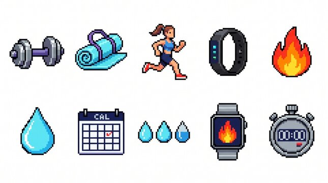 Create a premium pixel art fitness and workout icon set featuring 10 retro 8-bit gaming-style health and exercise icons. Design each icon using authentic pixel-perfect artwork with crisp square pixels