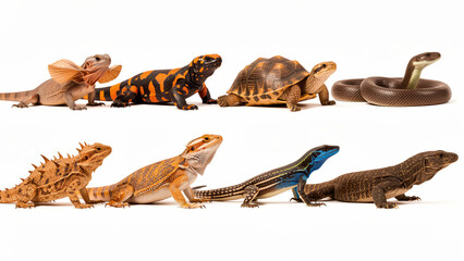 Obraz premium Variety of exotic reptiles posing on a white background. Collection includes lizards, a tortoise, and a snake in profile. Zoology concept for educational and pet trade marketing.