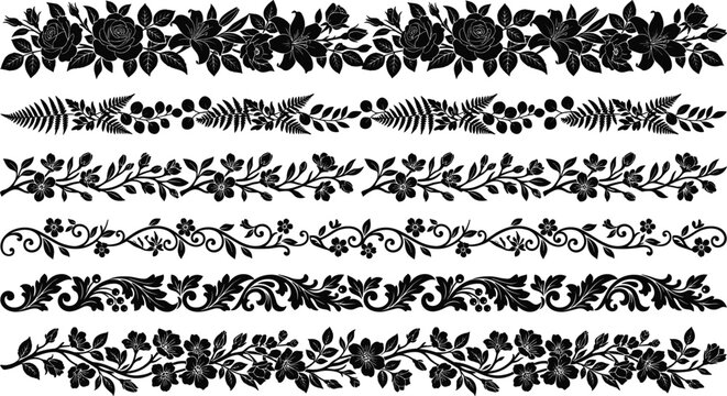 Floral seamless borders silhouette set including botanical flower vines leaves decorative filigree dividers and page trimmings isolated on white background vector illustration