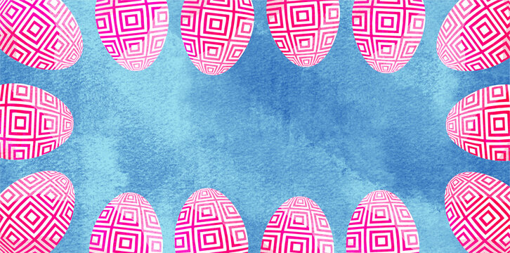 pink pattern easter eggs border on blue watercolor background
