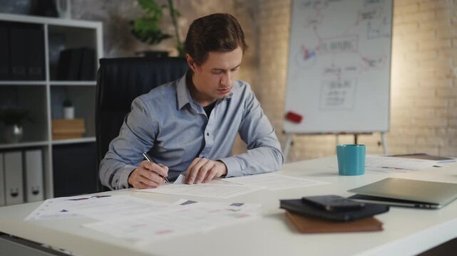 Young Caucasian male boss analyzing and signing official documents in his office