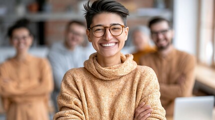 Obraz premium Smiling Young Diverse Multicultural Team Members Working Together Corporate Office Success Pose.