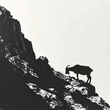 Lone Mountain Goat Silhouetted on Rocky Cliffside.