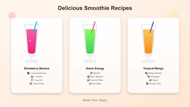 Smoothie recipes for three fruit drinks are presented in a clean layout with ingredients listed for each beverage.