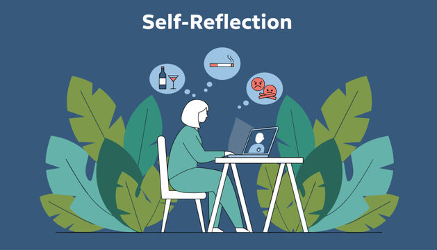 Focused woman sitting at desk in front of laptop analyzing her negative habits like smoking drinking and anger for self reflection.
