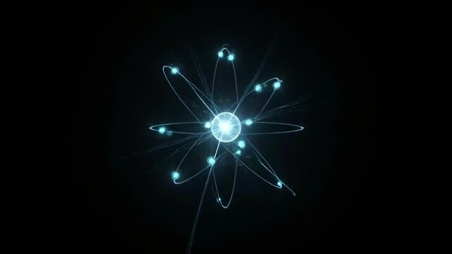 Animated digital atomic model with orbiting electrons on black