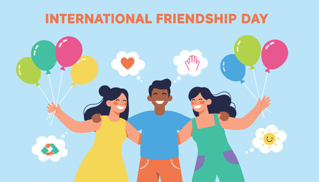 Group of diverse young friends hugging and holding colorful balloons to celebrate international friendship day.