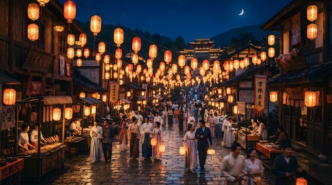 Ancient chinese street festival with traditional lanterns at night