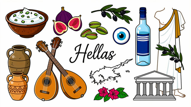 Greek cultural symbols collection featuring food, landmarks, and traditional items. Vector illustrations of ouzo, tzatziki, and bouzouki on white. Mediterranean tourism and heritage design concept.
