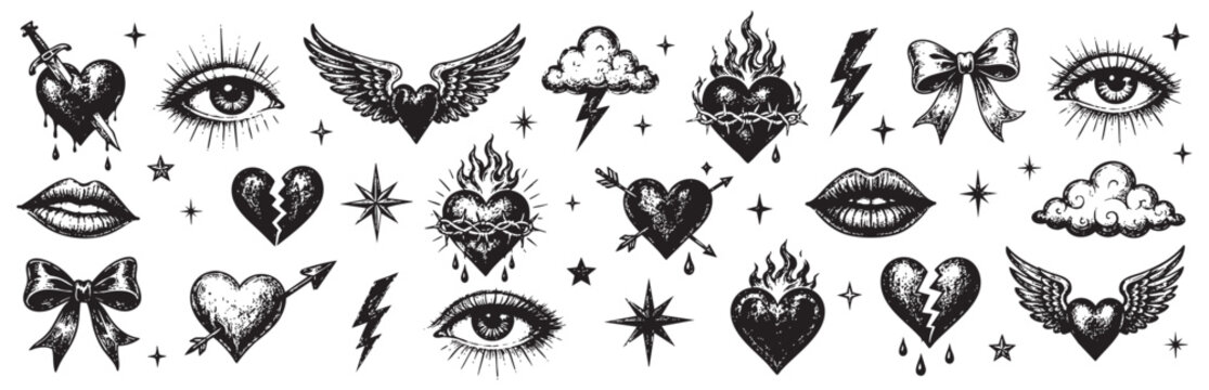 Set of vintage tattoo flash elements including hearts, eyes, lips, lightning bolts, bows, and clouds in a hand-drawn stippled engraving style.