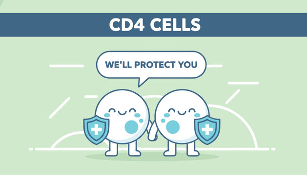 Cute CD4 cell characters with shields holding hands to represent immune system protection and cellular defense.