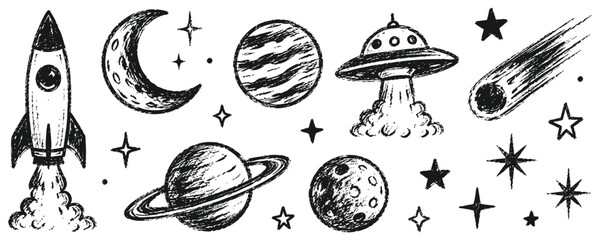 Set of hand-drawn space elements including a rocket, moon, planets, UFO, and stars. Sketch style illustrations isolated on a white background. © Zbrake Studio