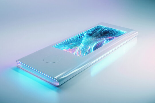 Futuristic smart device concept with glowing liquid interface and cyan light