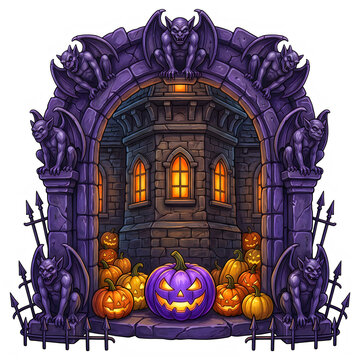 Pixel art halloween spooky stone archway with glowing purple pumpkins and dark castle background