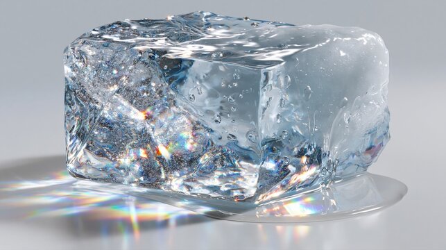 Melting transparent ice cube with rainbow reflections on pale background