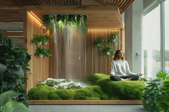 Office meditation corner with moss platform plants and calming waterfall