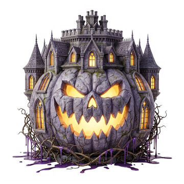 Spooky haunted castle pumpkin with glowing windows for halloween celebration