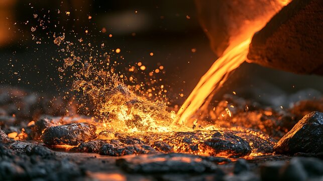Molten metal pouring in a foundry with bright sparks and liquid glow.