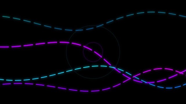 Waves of dashed lines flow across a dark background to symbolize movement and digital signal transmission paths.