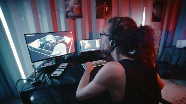Hacker bypassing a security pin code while examining a circuit board in a high-tech hideout