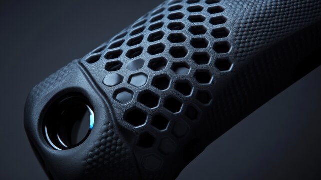 Black matte rubber handle with honeycomb grip texture close up