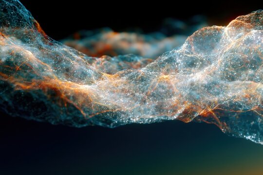 Colorful foam bubbles wave with luminous particles on dark background