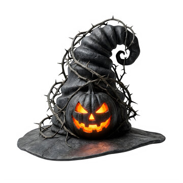 Scary black halloween pumpkin wearing a witch hat wrapped in thorny vines isolated on transparent