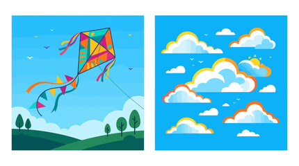 Fototapeta premium Colorful kite flying over landscape and stylized fluffy clouds illustration