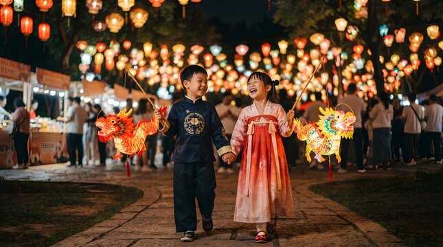 Happy children holding dragon lanterns at a traditional chinese festival